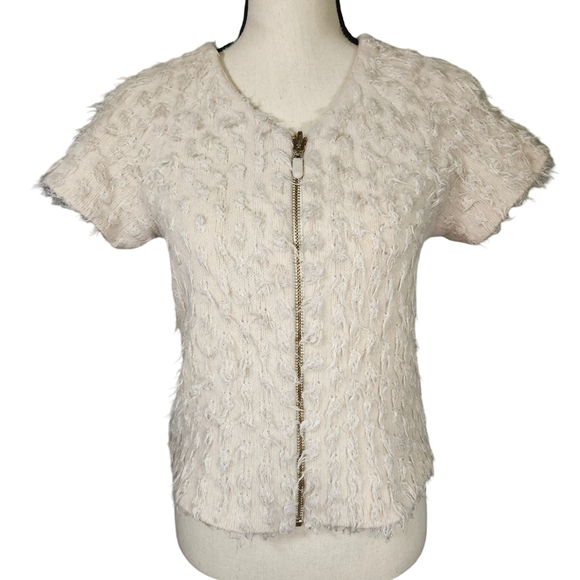 Sleeping On Snow Short Sleeve Full Zip Wool Blend Eyelash Sweater,Ivory,Medium - Picture 1 of 12